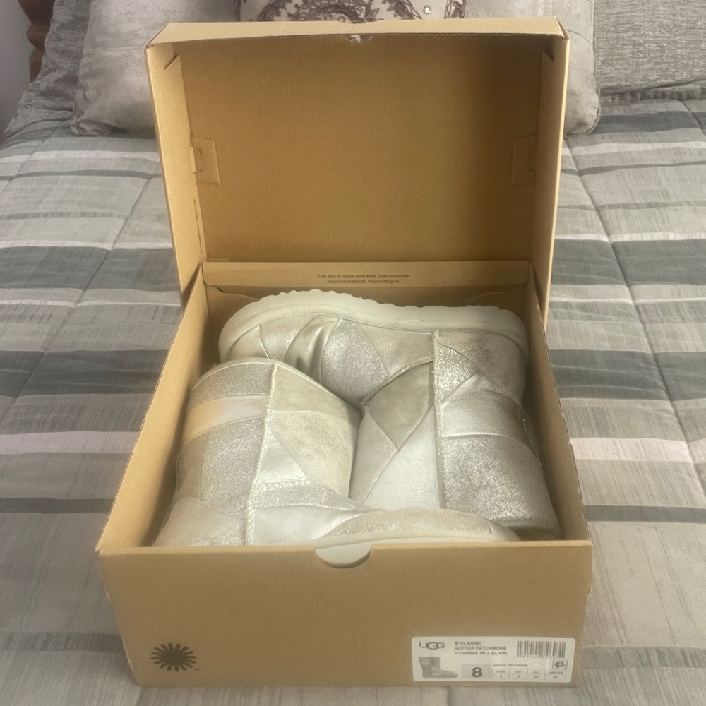 Ugg Classic Glitter Patchwork Boot in Silver size 8